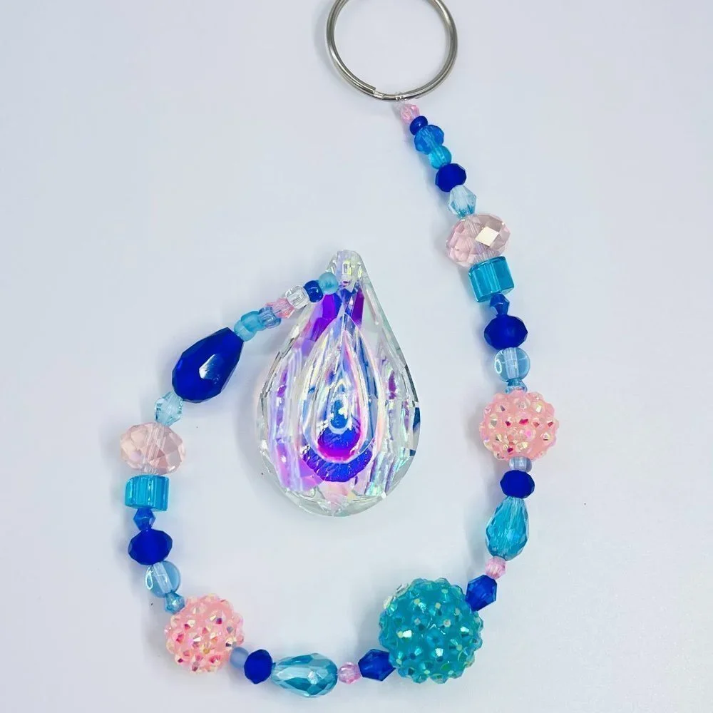 Beaded Suncatcher - Blue Pink - Clear Crystal Prism - Hanging Decor Yard Art
